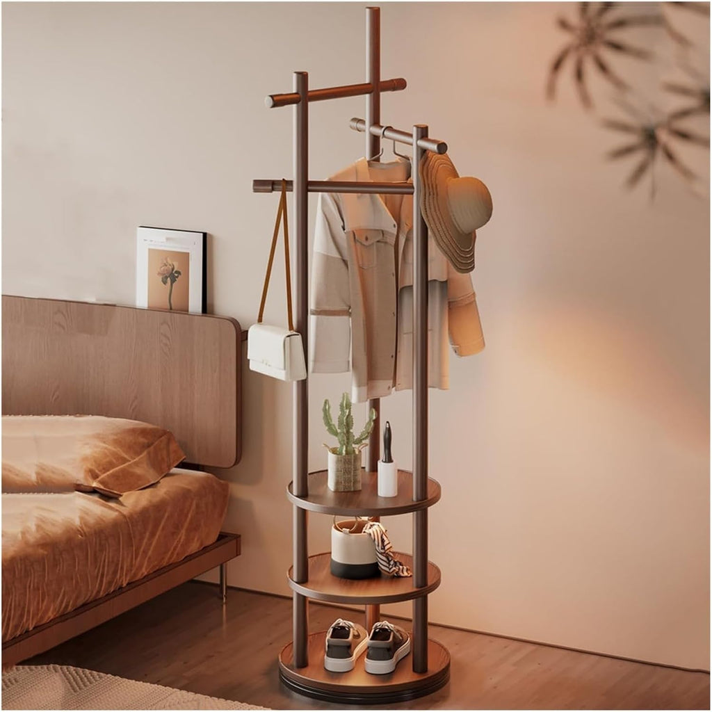 Rotatable Wooden Coat Rack with 3-Tier Storage, Freestanding Garment Stand with 6 Hooks for Bedroom, Entryway, and Walk-in Closet(Walnut)