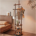 Rotatable Wooden Coat Rack with 3-Tier Storage, Freestanding Garment Stand with 6 Hooks for Bedroom, Entryway, and Walk-in Closet(Walnut)