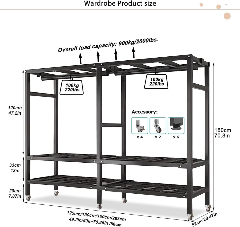 20.5in Width Foldable Heavy Duty Clothes Rack With Cover 2000LBS Rolling Garment Rack On Lockable Wheels Portable Wardrobe Closet For Bedroom For Hanging Clothing Coat Storage Rack(180cm/70.86in)