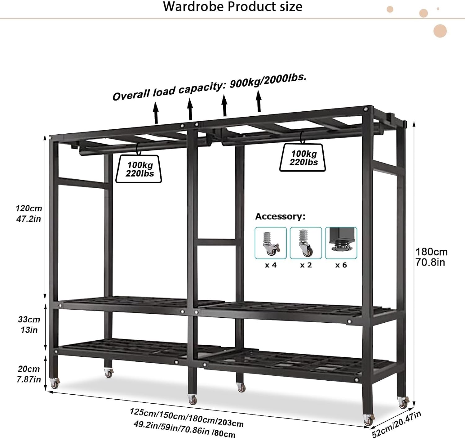 20.5in Width Foldable Heavy Duty Clothes Rack With Cover 2000LBS Rolling Garment Rack On Lockable Wheels Portable Wardrobe Closet For Bedroom For Hanging Clothing Coat Storage Rack(125cm/49.2in)