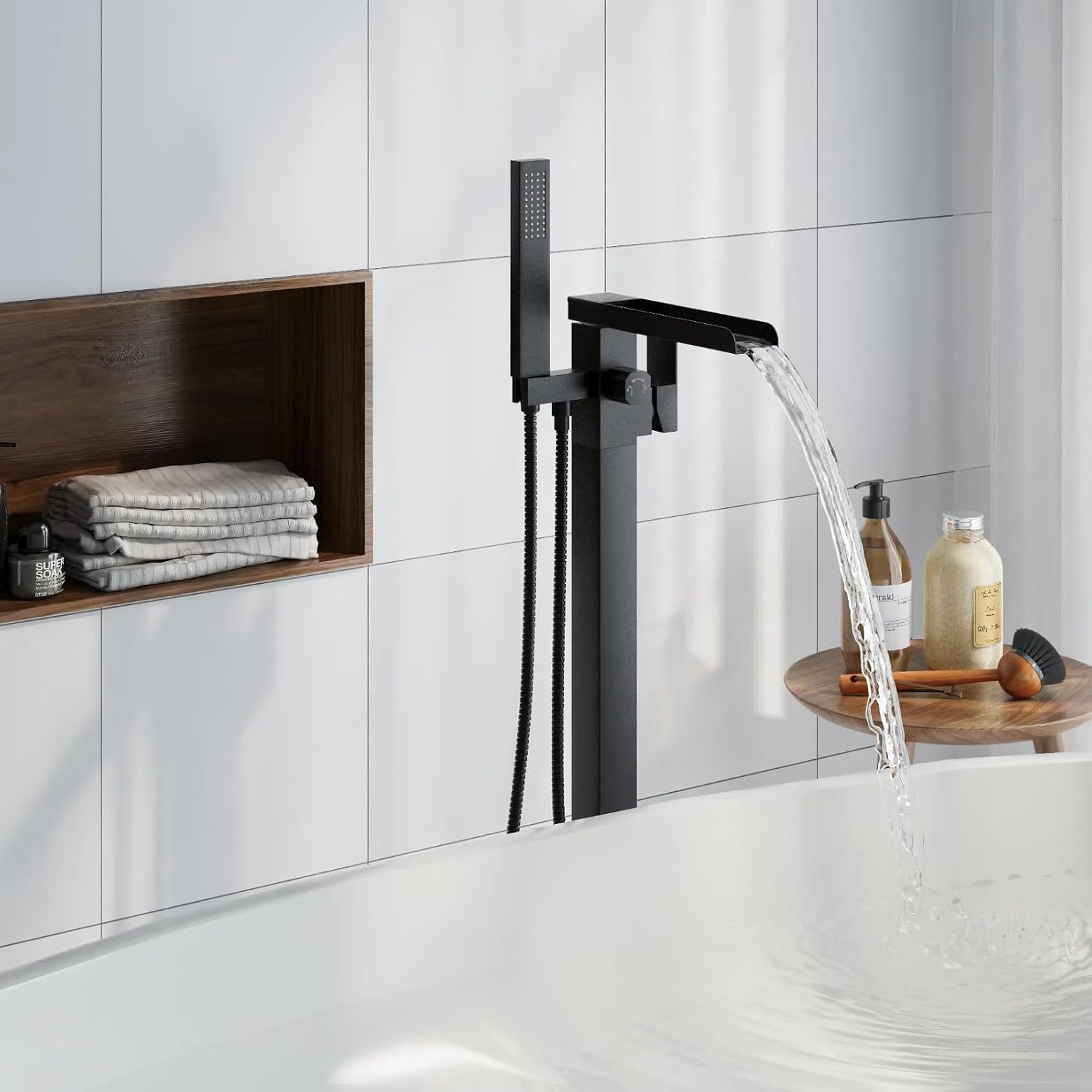 HAWKROWN Freestanding Bathtub Faucet, Floor Mount Bathtub Faucet with 2 Water Outlet Modes, Swivel Gooseneck Spout with Hand Shower,Single Handle, Max Flow Rate 7.4 GPM (Waterfall-Black)