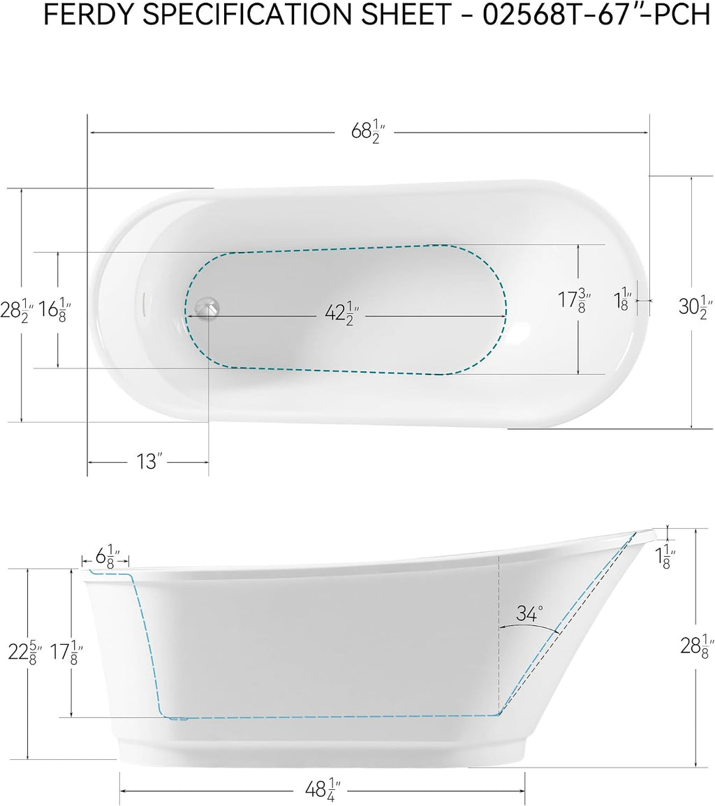 FerdY Langkawi 67' Acrylic Freestanding Bathtub, White Modern Stand Alone Soaking Bathtub, cUPC Certified, Chrome Drain and Minimalist Linear Design Overflow Included, Easy to Install