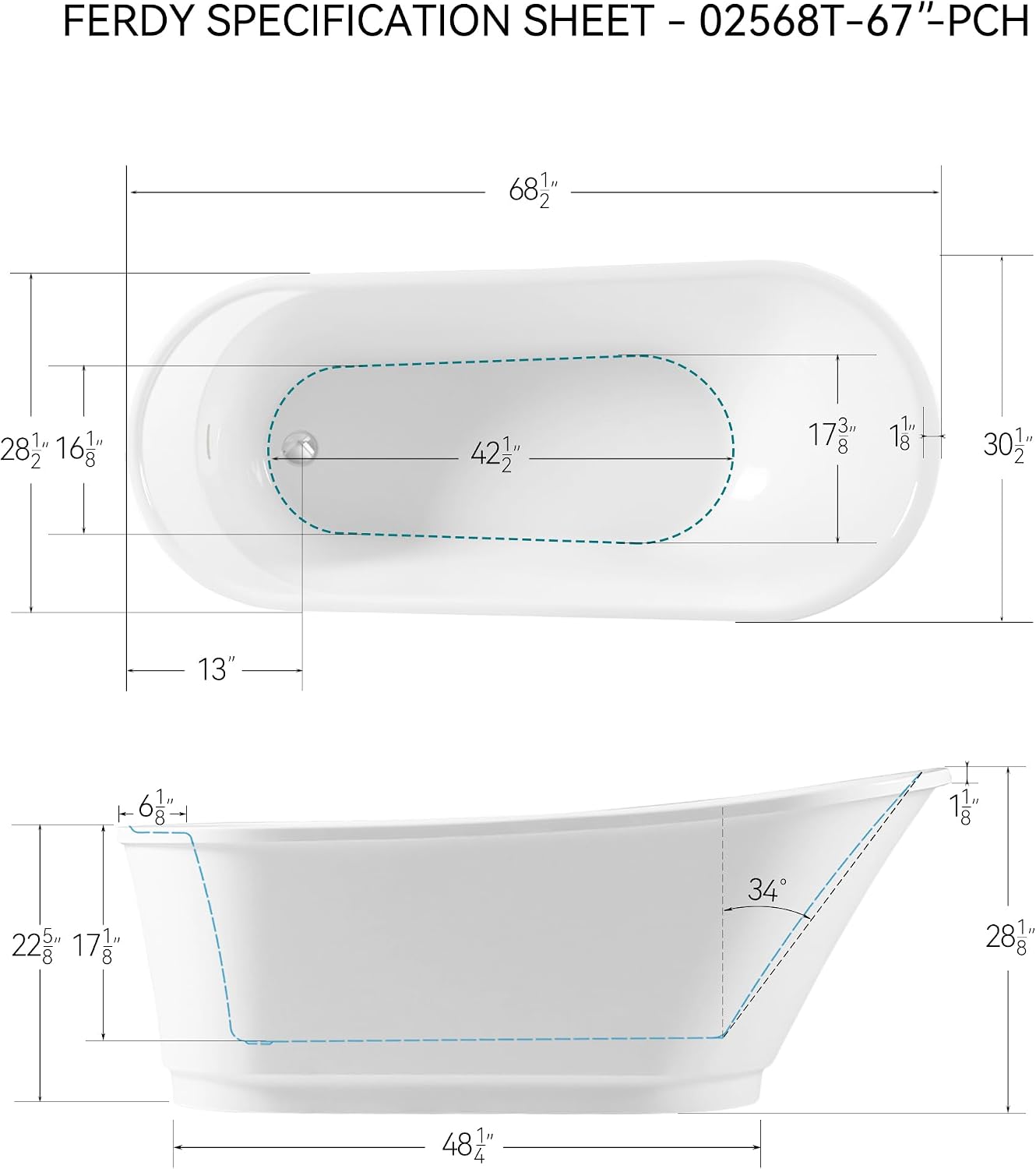 FerdY Langkawi 67' Acrylic Freestanding Bathtub, White Modern Stand Alone Soaking Bathtub, cUPC Certified, Chrome Drain and Minimalist Linear Design Overflow Included, Easy to Install