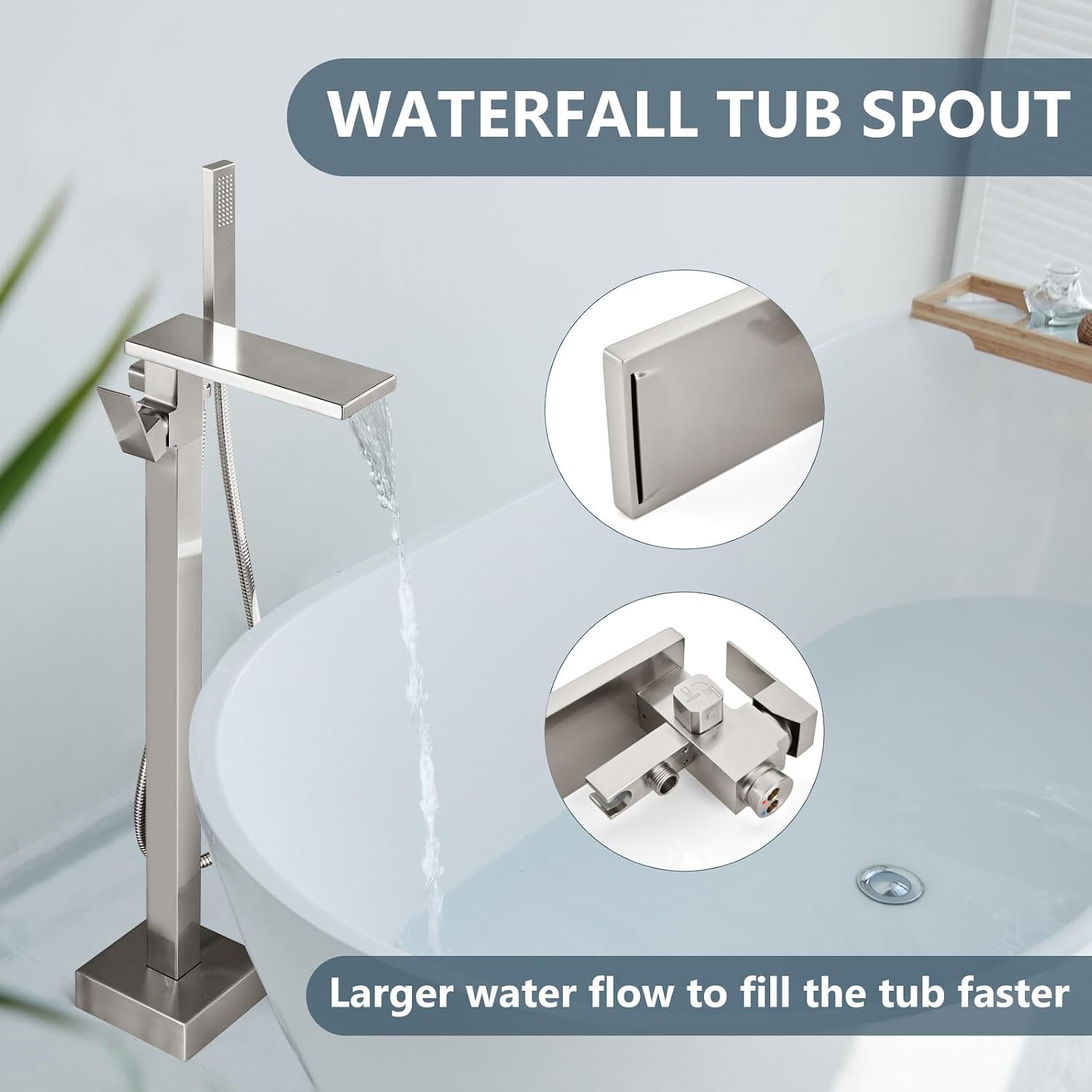 Aolemi Freestanding Bathtub Faucet Floor Mount Tub Filler with Handheld Spray Single Handle Free Standing Bathroom Faucets Swivel Flat Waterfall Spout Brushed Nickel