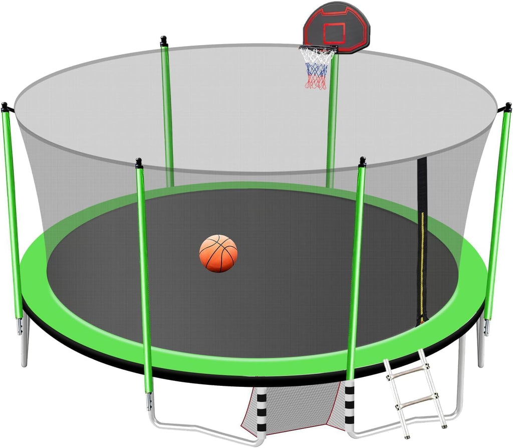 1500LBS 16FT 15FT 14FT 12 FT 10FT 8FT Tranpoline for Kids and Adults with Sprinkler, Lights with Music Speaker, Socks, Water Ball, Heavy Duty Outdoor Tranpoline with Net Enclosure and Ladder