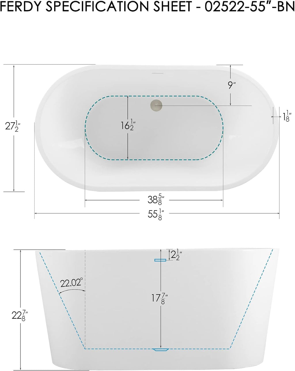 FerdY Luzon 55' Acrylic Freestanding Bathtub, Ergonomic Lightweight Classic Oval Soaking Bathtub with Brushed Nickel Drain & Bath Pillow for Bathtub,Thick Tub Pillows, Breathable 4D Air Mesh