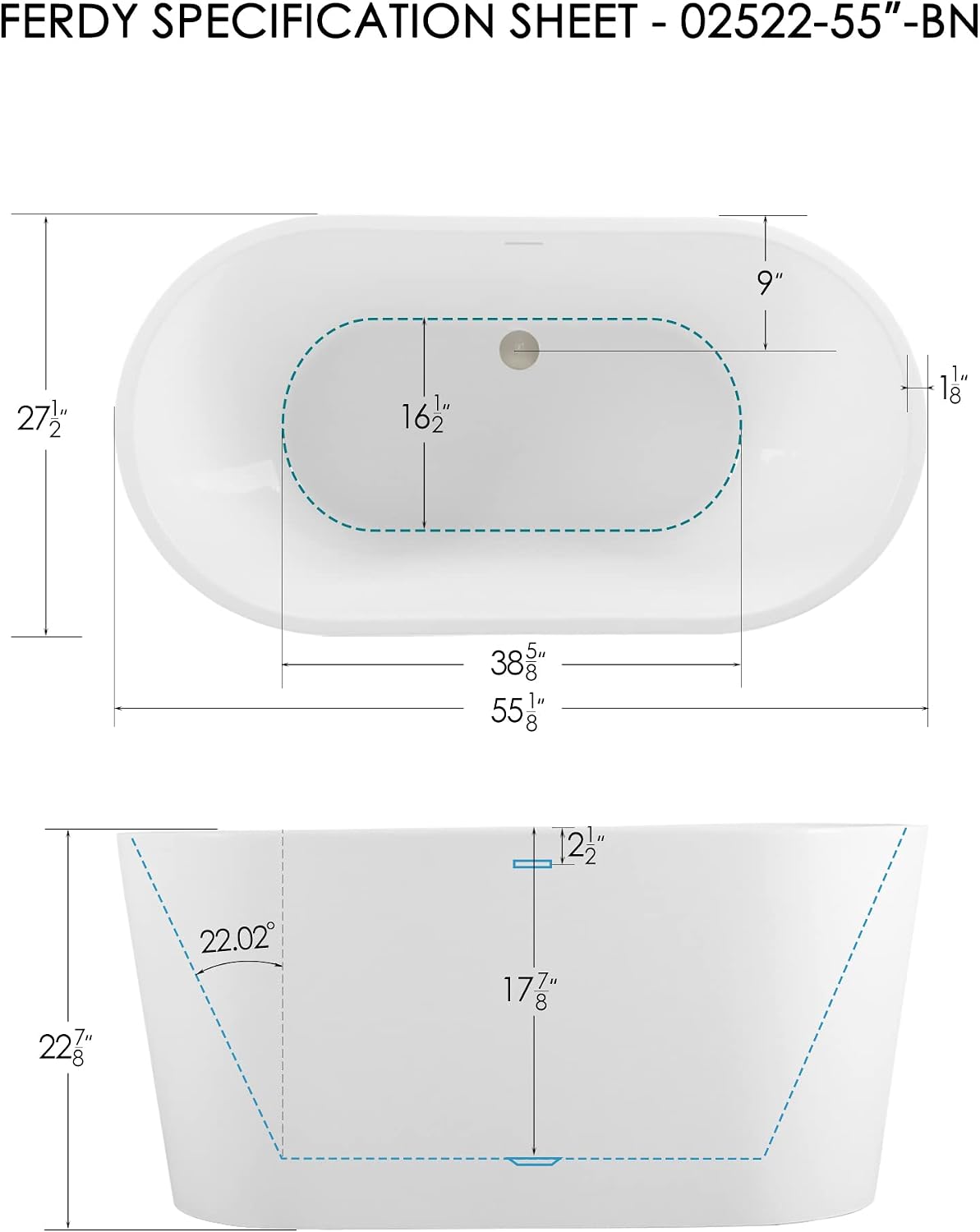 FerdY Luzon 55' Acrylic Freestanding Bathtub, Ergonomic Lightweight Classic Oval Soaking Bathtub with Brushed Nickel Drain & Bath Pillow for Bathtub,Thick Tub Pillows, Breathable 4D Air Mesh