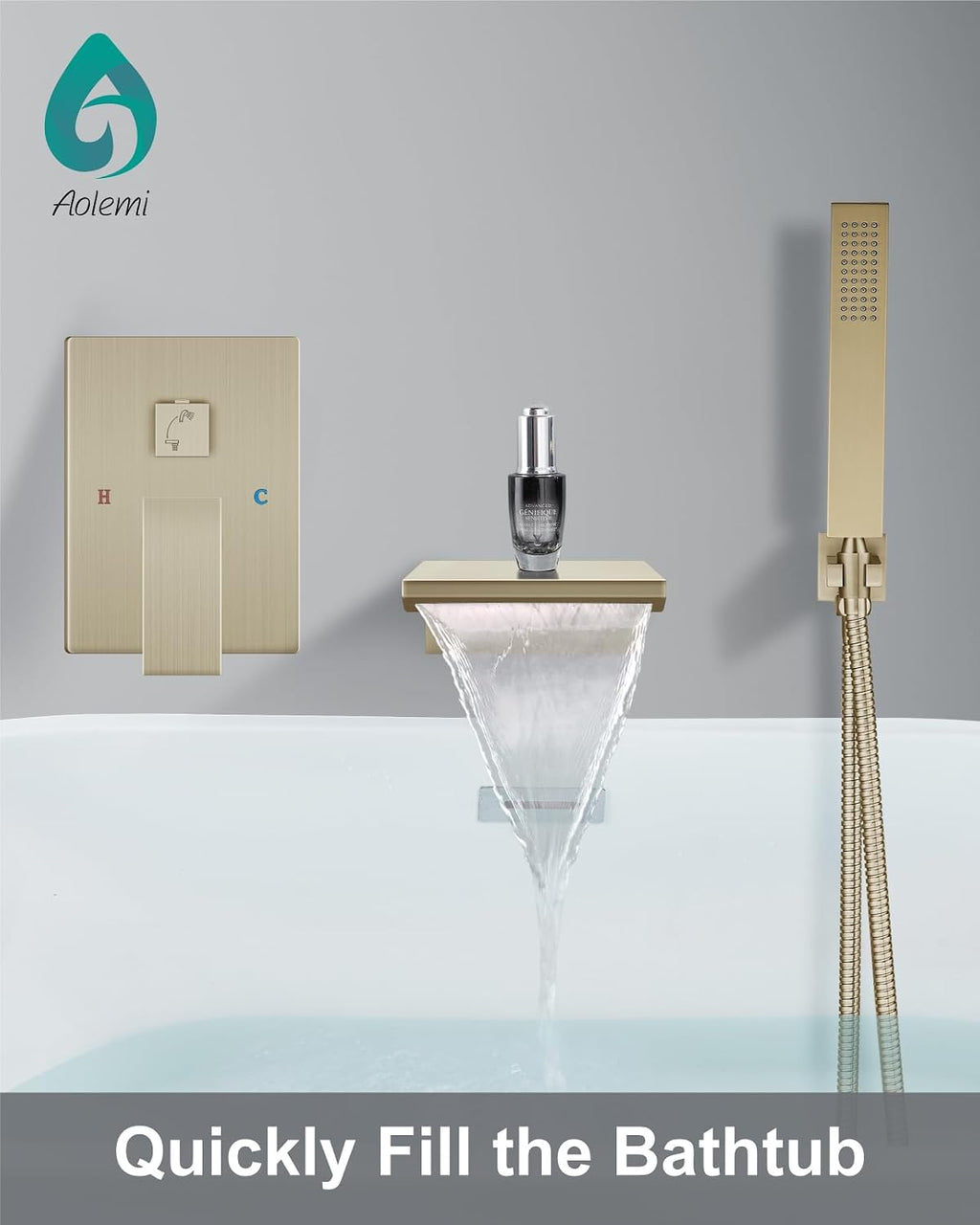 Aolemi Wall Mount Bathtub Faucet,Tub Faucet Set Waterfall Wall Mounted Tub Filler with Handheld Sprayer Single Handle,Brushed Gold