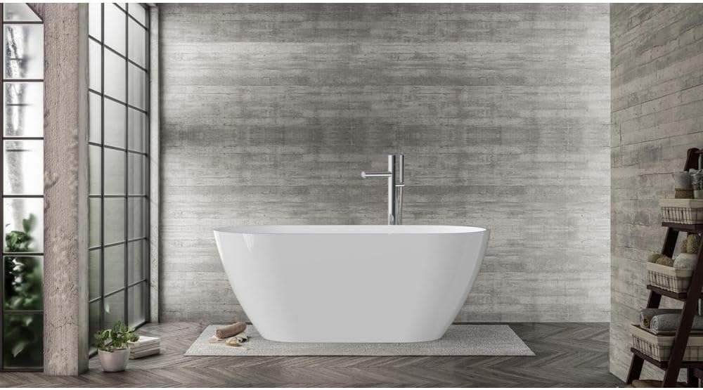 Luxurious 59-Inch Glossy White Acrylic Freestanding Bathtub with Chrome Drain, cUPC Certified for Safety, Double-Walled Insulation, and Sloped Lumbar Support for Ultimate Comfort