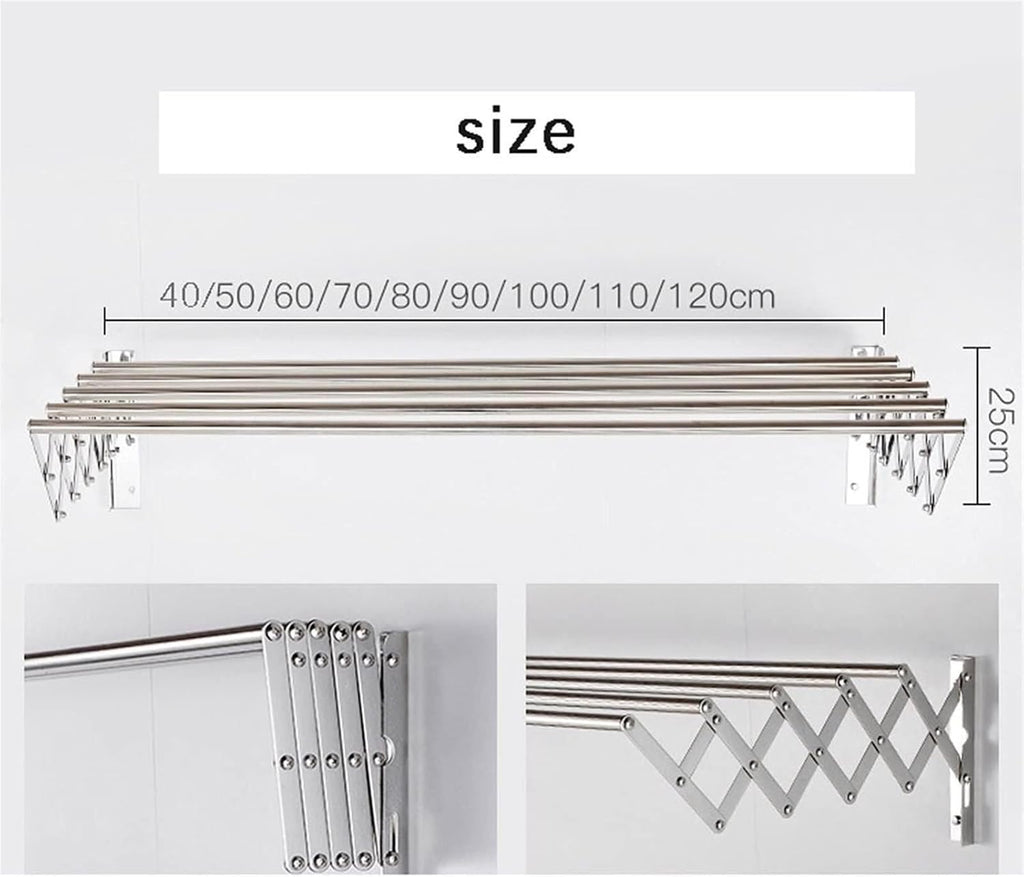 Folding Retractable Wall-Mounted Clothes Airer, Stainless Steel Towel & Garment Drying Rack, Collapsible Bathroom Laundry Line, 50cm
