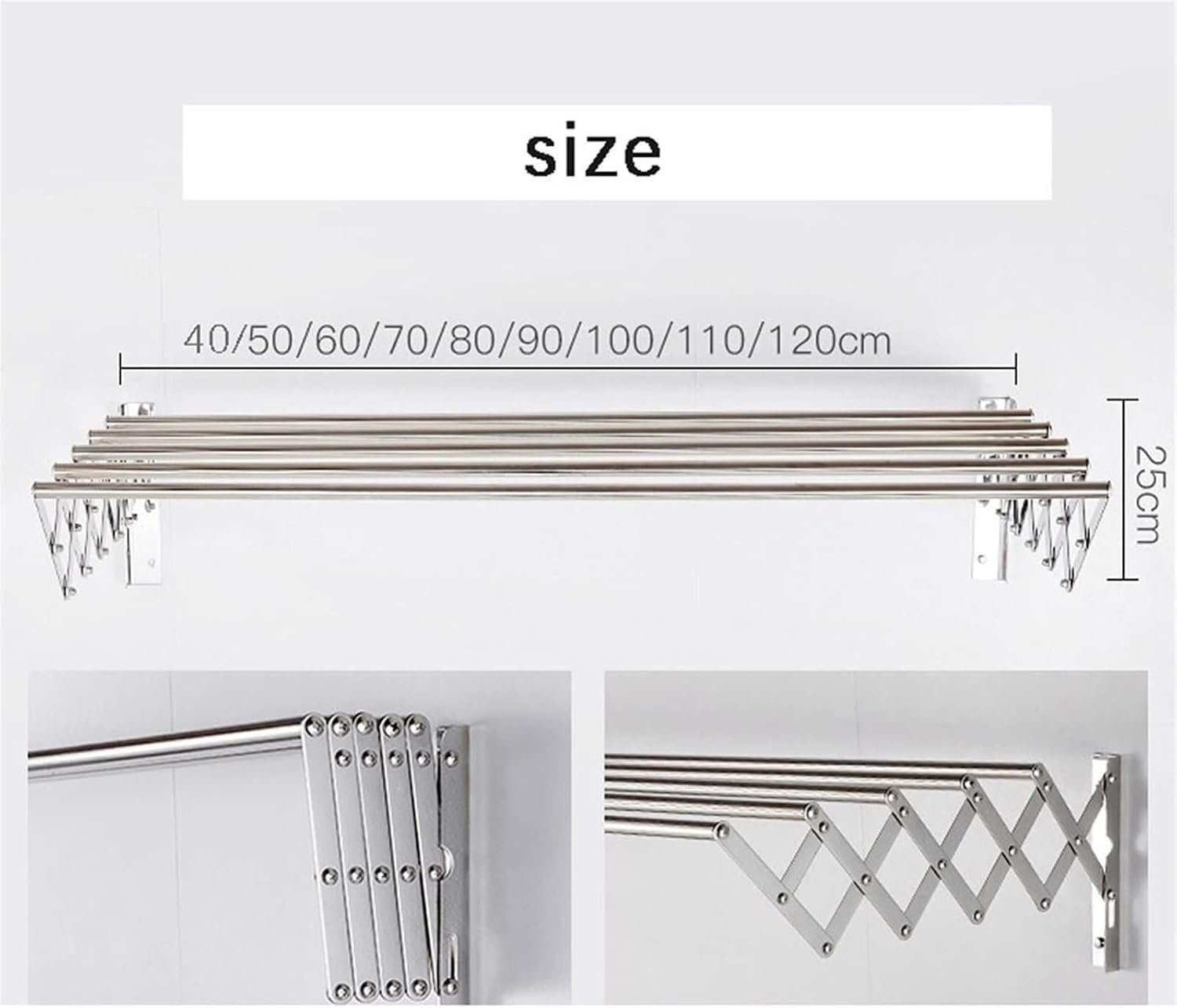Folding Retractable Wall-Mounted Clothes Airer, Stainless Steel Towel & Garment Drying Rack, Collapsible Bathroom Laundry Line, 50cm