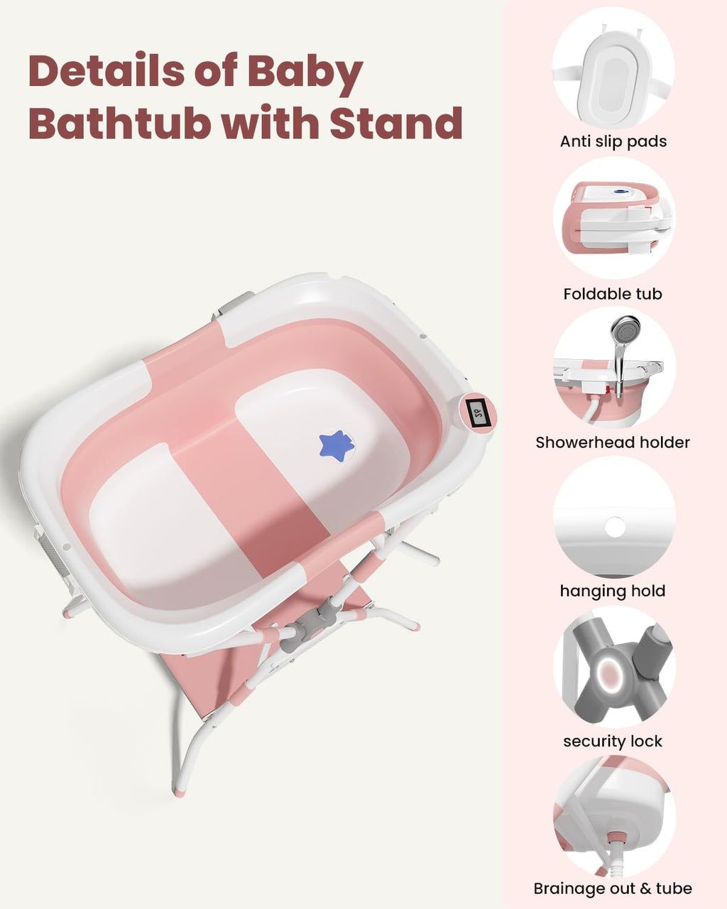 Baby Bathtub with Stand, 2-in-1 Collapsible Bath Tubs for Newborn to Toddler, Infant Bathtub with Folding Stand, Portable Bathtub for Baby Including Soft Cushion, Storage Pad (Pink)