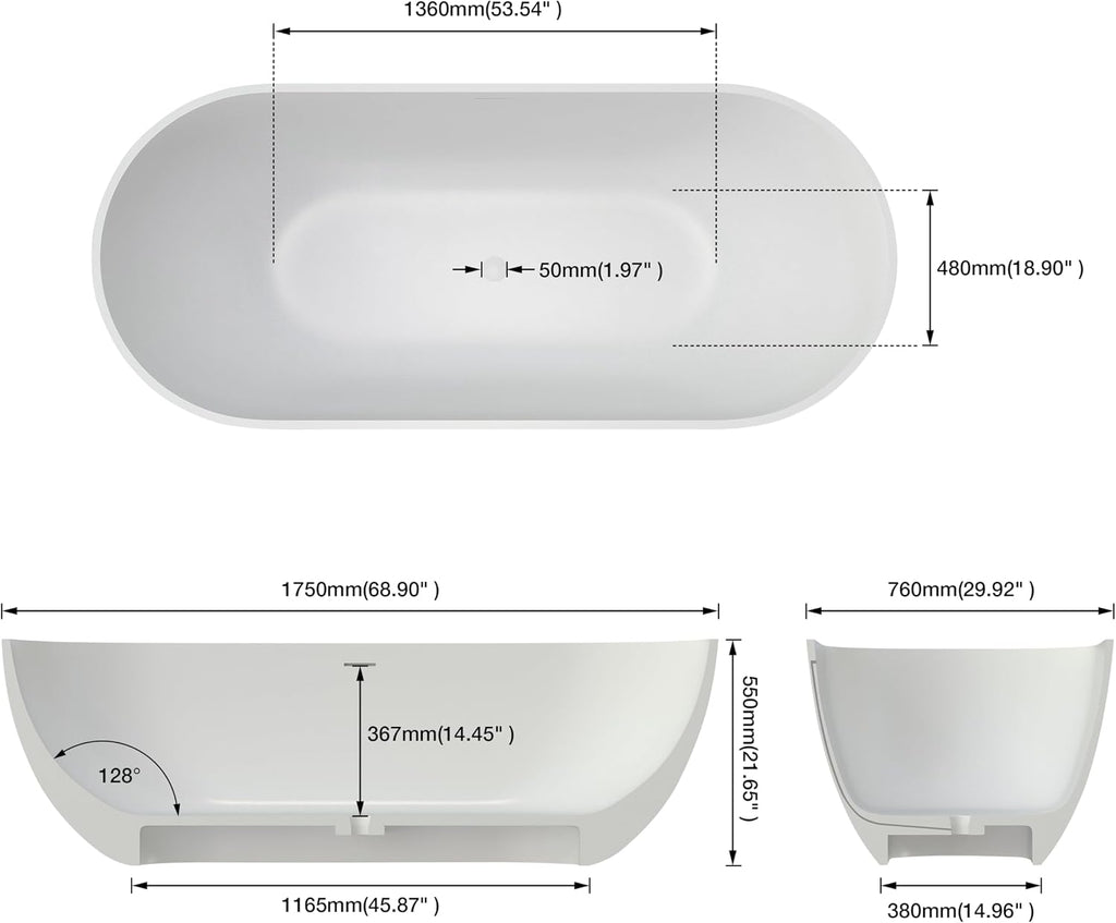 Oval 69' Freestanding Tub, Solid Surface Bathtub Matte White | Modern Stand Alone Bathtub, Stone Resin Free Stand, Contemporary Soaking Tub with Pop-Up Drain and Overflow