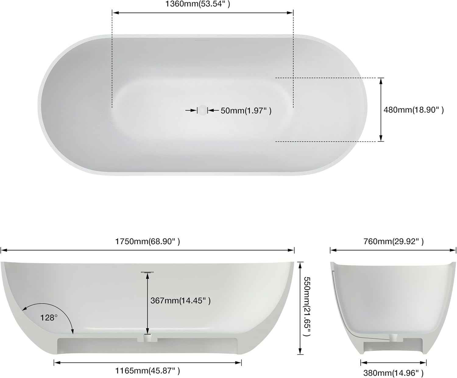 Oval 69' Freestanding Tub, Solid Surface Bathtub Matte White | Modern Stand Alone Bathtub, Stone Resin Free Stand, Contemporary Soaking Tub with Pop-Up Drain and Overflow