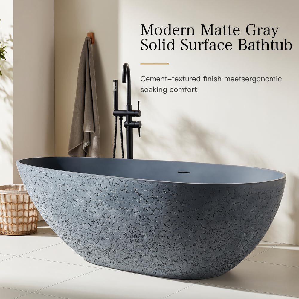 67' Stone Resin Luxury Contemporary Solid Surface Freestanding Bathtub in Cement Point Treatment Oval Tub