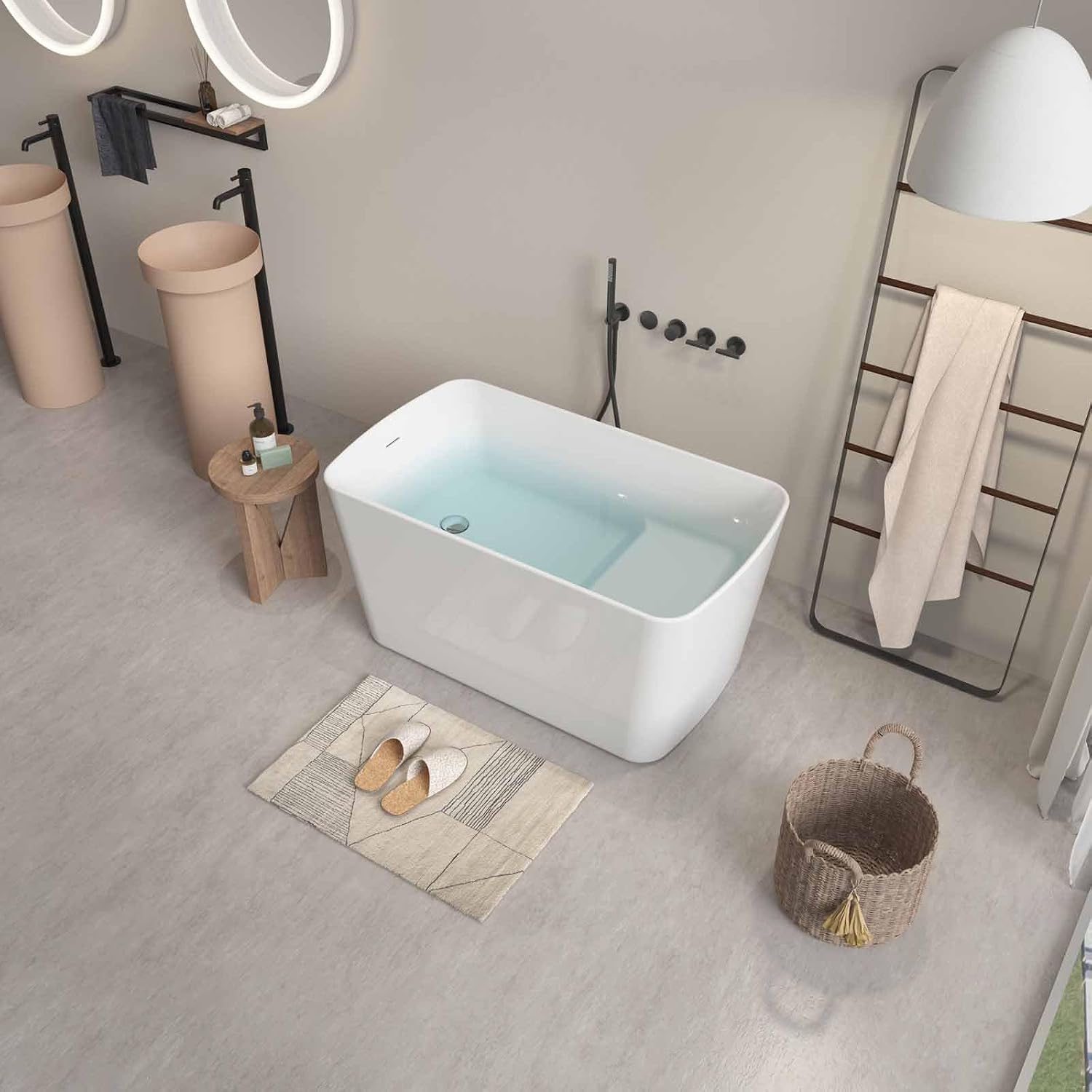 49' Rectangular Freestanding Soaking Bathtub with Chrome Overflow and Drain, Acrylic Stand Alone Tub with Seat, Japanese Soaking Tub for Bathroom, R-Corner Design, Ergonomic (White+Seat, 49')
