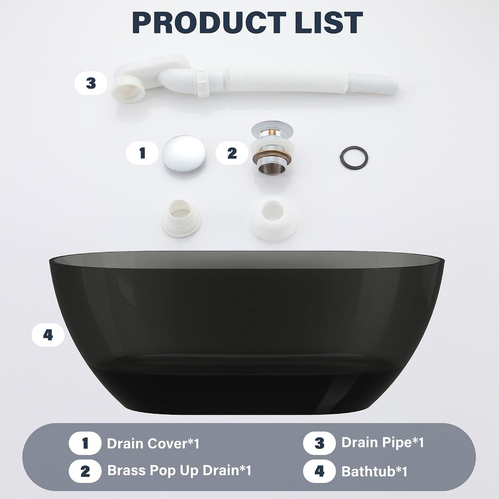 CASAINC 59' Resin Freestanding Bathtub Transparent Soaking Tub Modern Oval Design Stand Alone Tub with Pop-up Drain, 65.52 Gallons Water Storage Capacity 410 MM Soaking Depth, Transparent Ash Gray