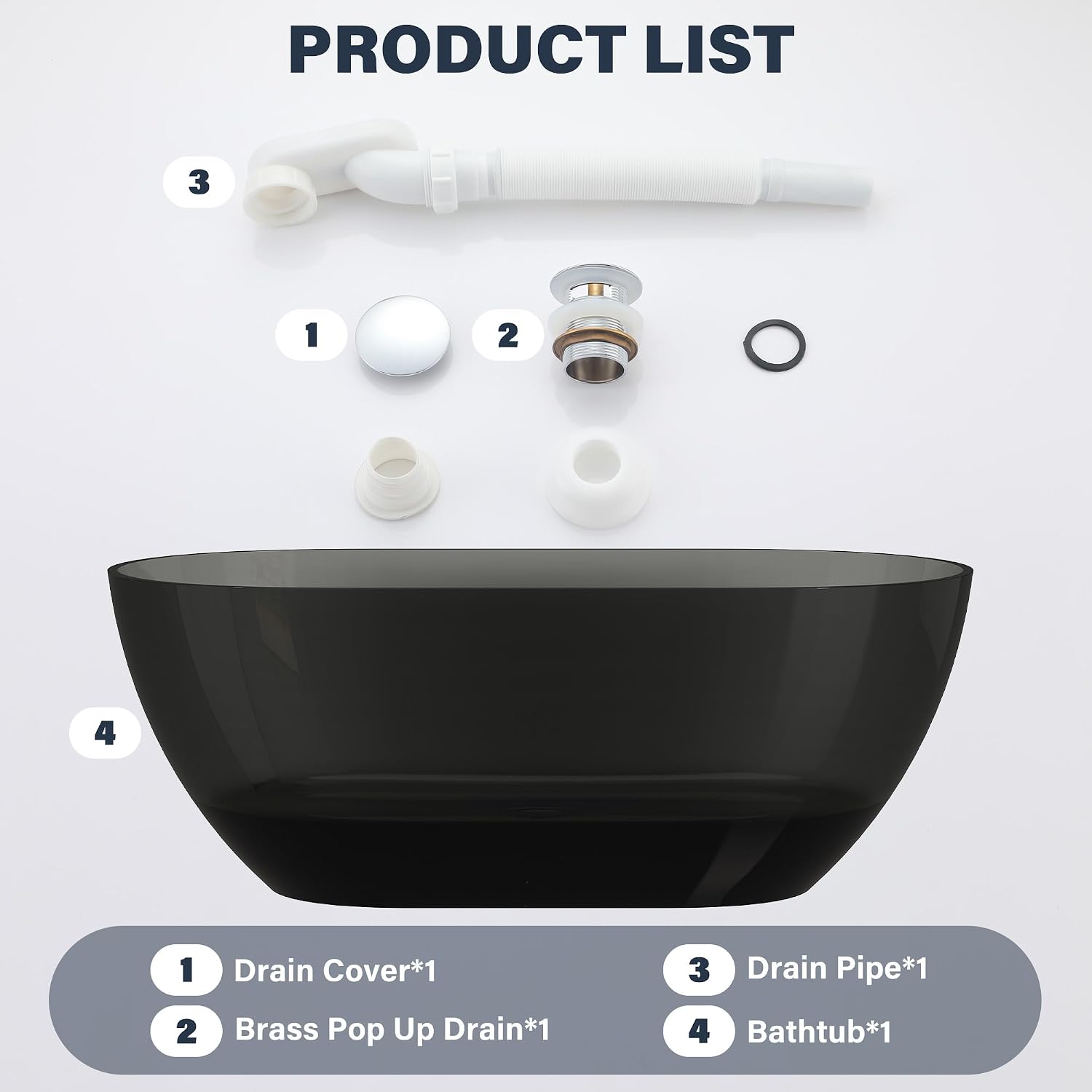CASAINC 59' Resin Freestanding Bathtub Transparent Soaking Tub Modern Oval Design Stand Alone Tub with Pop-up Drain, 65.52 Gallons Water Storage Capacity 410 MM Soaking Depth, Transparent Ash Gray