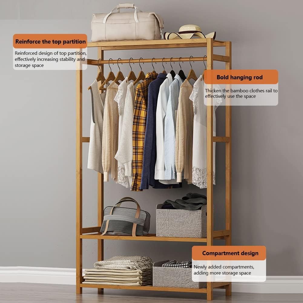 Wooden Garment Rack Heavy Duty Clothes Rails Small Clothing Racks with Shelves Open Wardrobe Coat Stands Bedrooms Freestanding Hanging Closet