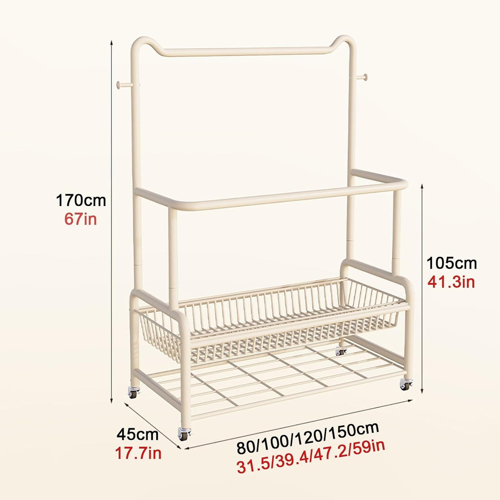Portable Clothes Rack With Wheels,Metal Garment Rack With Storage Shelves And Coat/Hat Hooks,Freestanding Clothing Organizer Racks For Hanging Clothes,Black/White(White,80cm(31.5in))