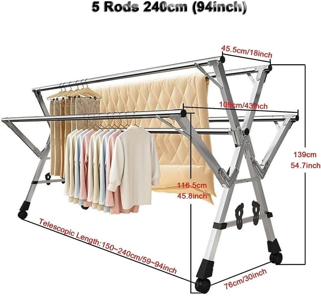 Laundry Drying Rack Floor Folding Indoor Adjustable Clothes Drying Rack Collapsible Laundry Heavy Duty Space-Saving Garment Balcony Bedroom(240cm)