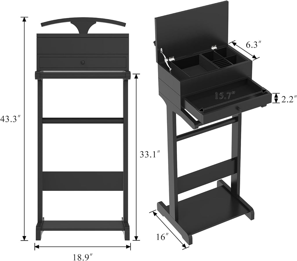 Wooden Valet Stand for Men, Clothing Rack with Drawer, Coat Hanger, Tray, Rods, Shoe Shelf, Women Garment Valet for Bedroom, Living Room, Office, Entryway, Black