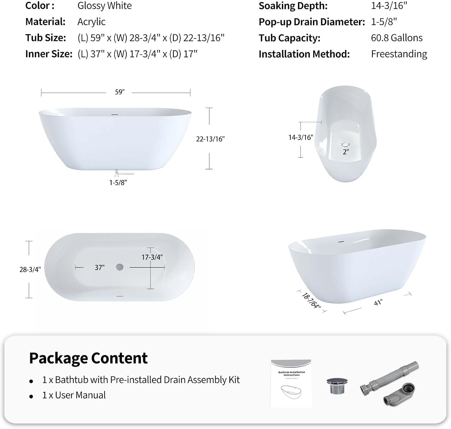 59' Acrylic Freestanding Bathtub White, Oval Shape Soaking Tub with Pop-up Chrome Drain, Free Standing Bathtubs CUPC Certified