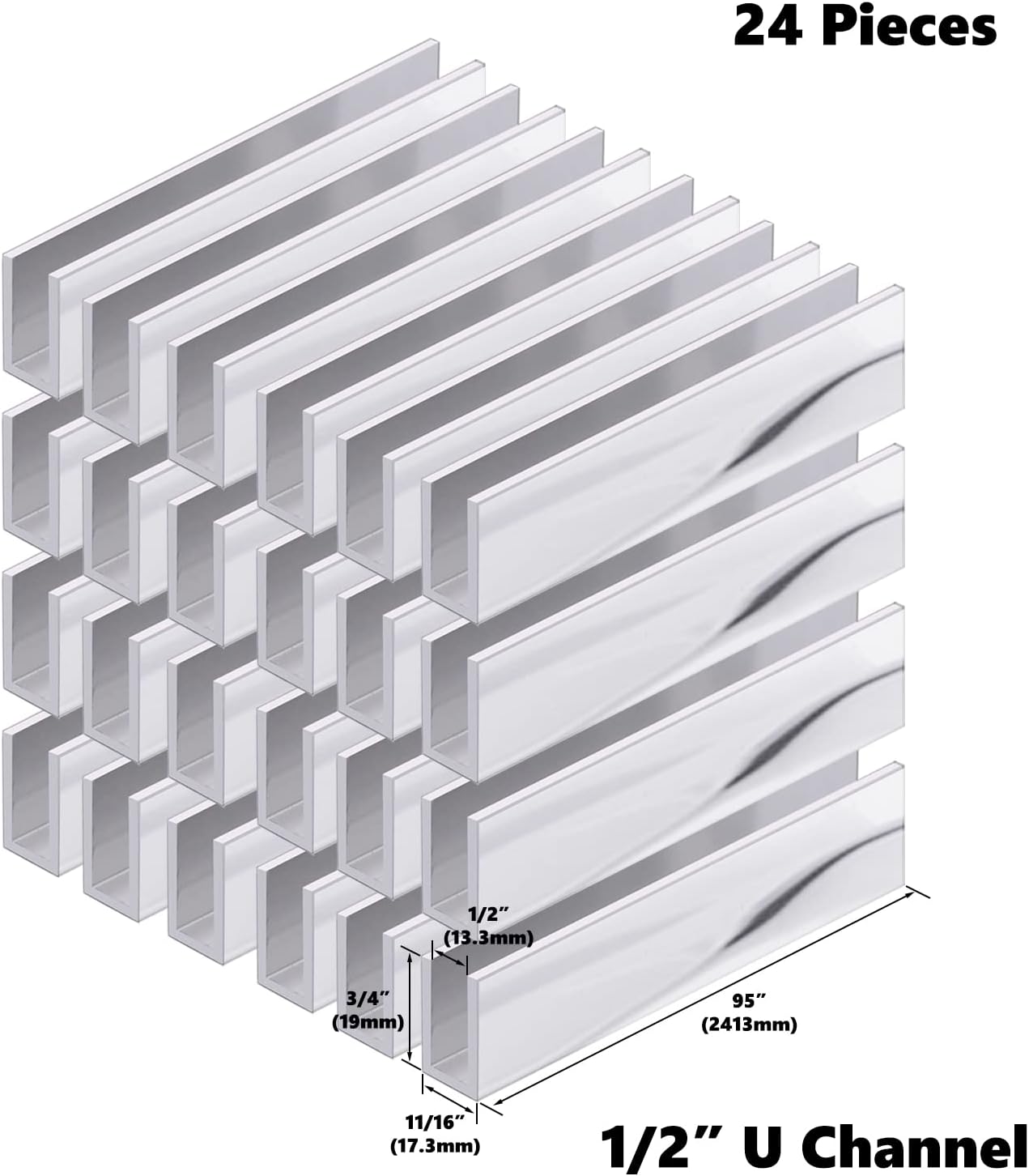 Aluminum Fixed Panel Shower Door U Channel for 1/2' Thick Glass 95 inches Length (24, Chrome Finish)