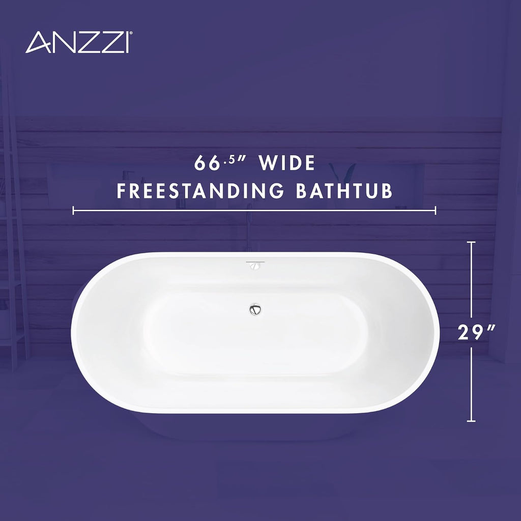ANZZI 67 In Freestanding Acrylic Bathtub Flat Bottom Soaking Tub White Gloss Finish Integrated Overflow Modern Bathroom Mone Series 66.5 x 29.1 x 22.4 In Capacity 63.4 Gal | AMZFT903-67