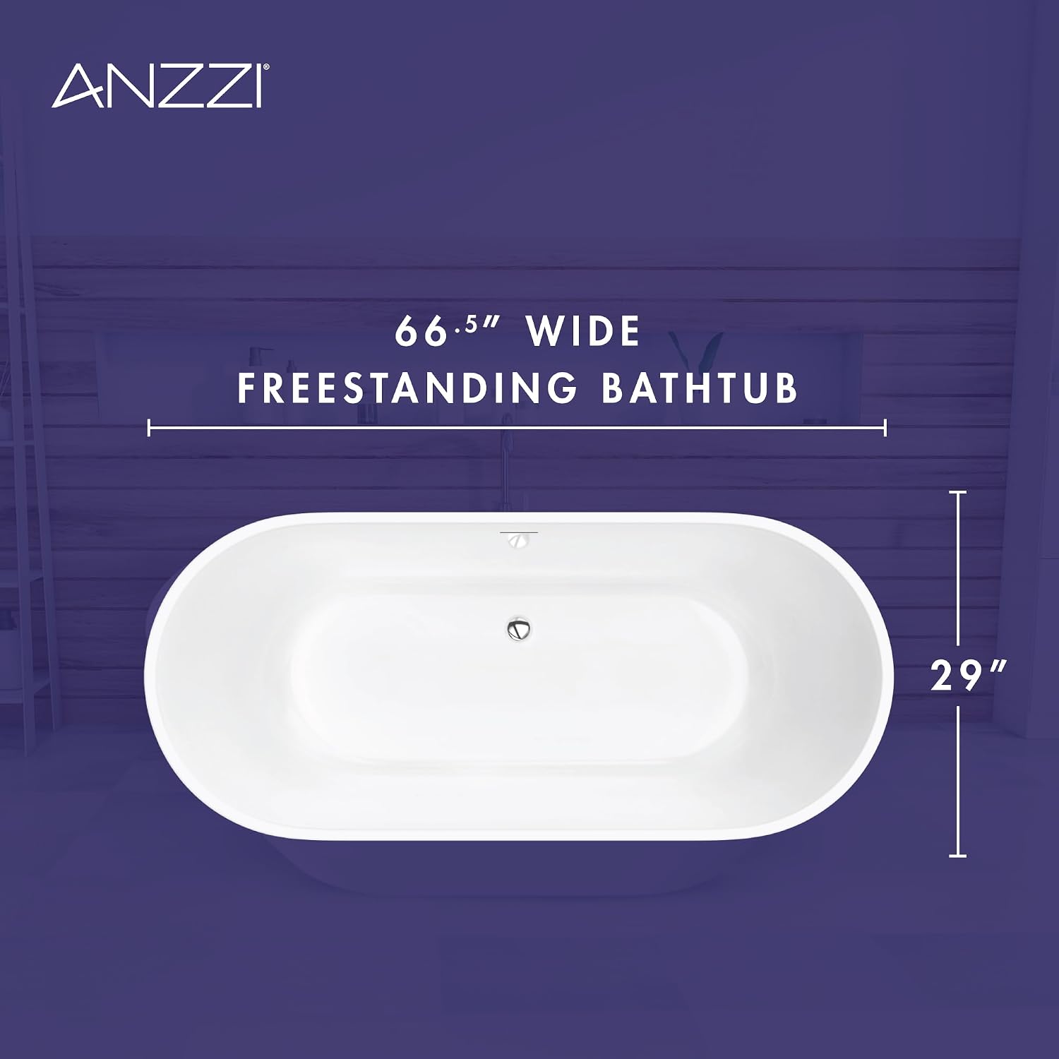 ANZZI 67 In Freestanding Acrylic Bathtub Flat Bottom Soaking Tub White Gloss Finish Integrated Overflow Modern Bathroom Mone Series 66.5 x 29.1 x 22.4 In Capacity 63.4 Gal | AMZFT903-67