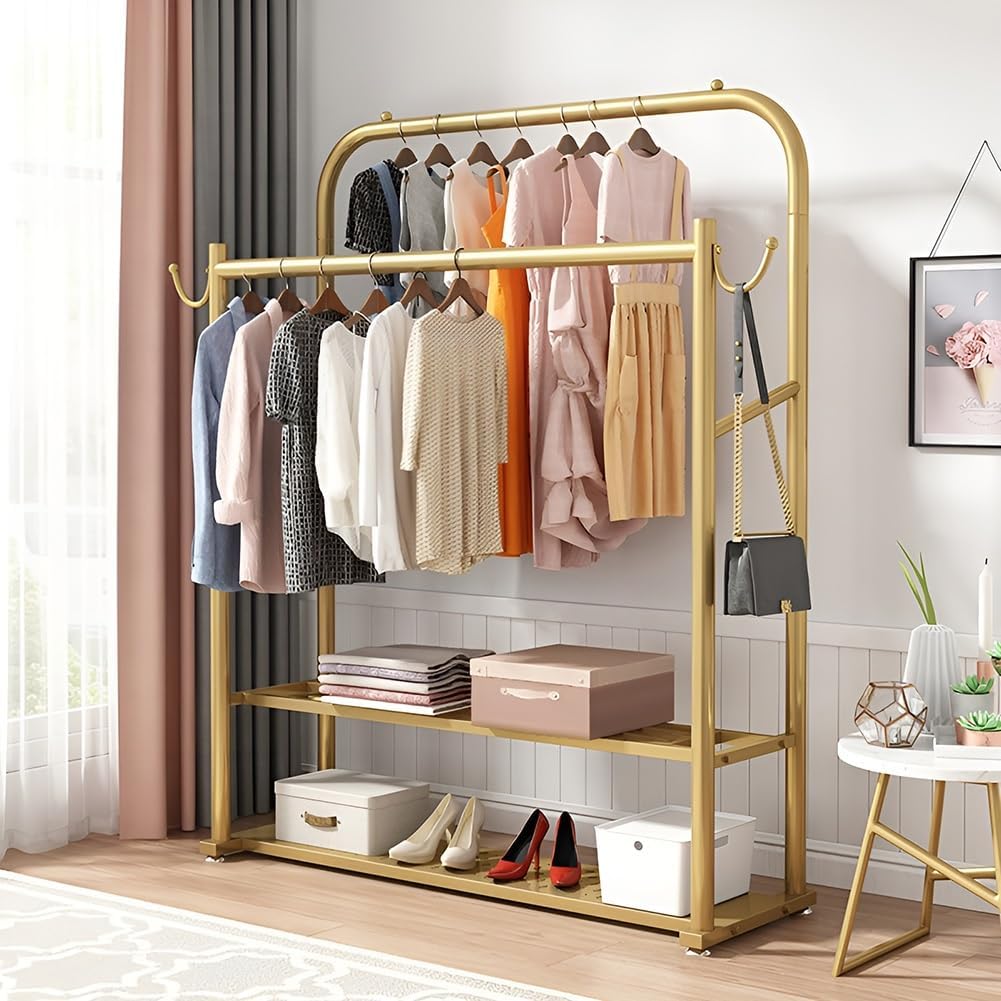 Gold Garment Rack with 2 Rods, Hooks and 2 Storage Shelf Freestanding Clothing Rack for Hanging Clothes(80x40x150cm)