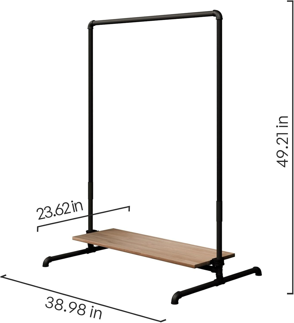 pamo Industrial Pipe Clothing Rack with Oak Shelf – 39' W x 49' H – Freestanding Metal Garment Rack for Bedroom, Walk-In Closet & Retail