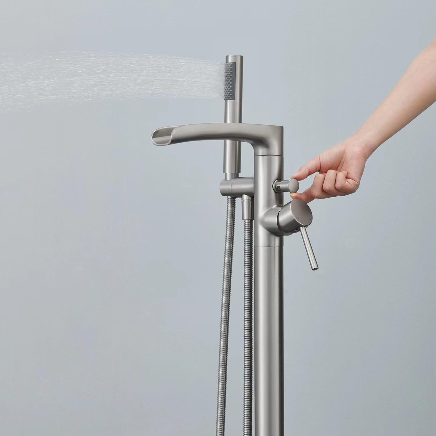 Wowkk Waterfall Freestanding Bathtub Faucet Brushed Nickel Floor Mount Tub Filler Brass Single Handle Bathroom Faucets with Hand Shower