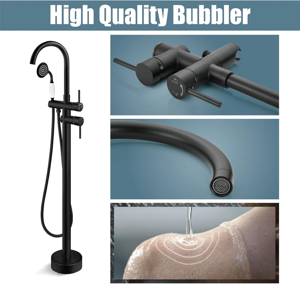 Aolemi Floor Mount Bathtub Faucet Freestanding Tub Filler Standing High Flow Shower Faucets with Ceramic Handheld Matte Black
