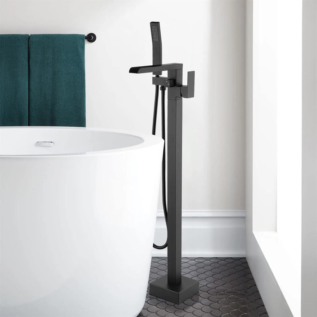 WELLFOR Floor Mount Tub Faucet with Hand Shower 1-handle Freestanding Bathtub Filler Single Handle Show Faucet, High flow 6GPM, Solid Brass Mounting Bracket Shower Faucet Kit, Matte Black