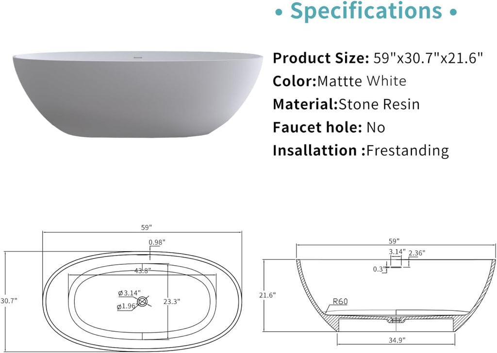 59' Stone Resin Freestanding Bathtub, Oval Shape Solid Surface Bathroom Freestanding Tubs, Stand Alone Soaking Tubs with Integrated Slotted Overflow and Drain, Matte White