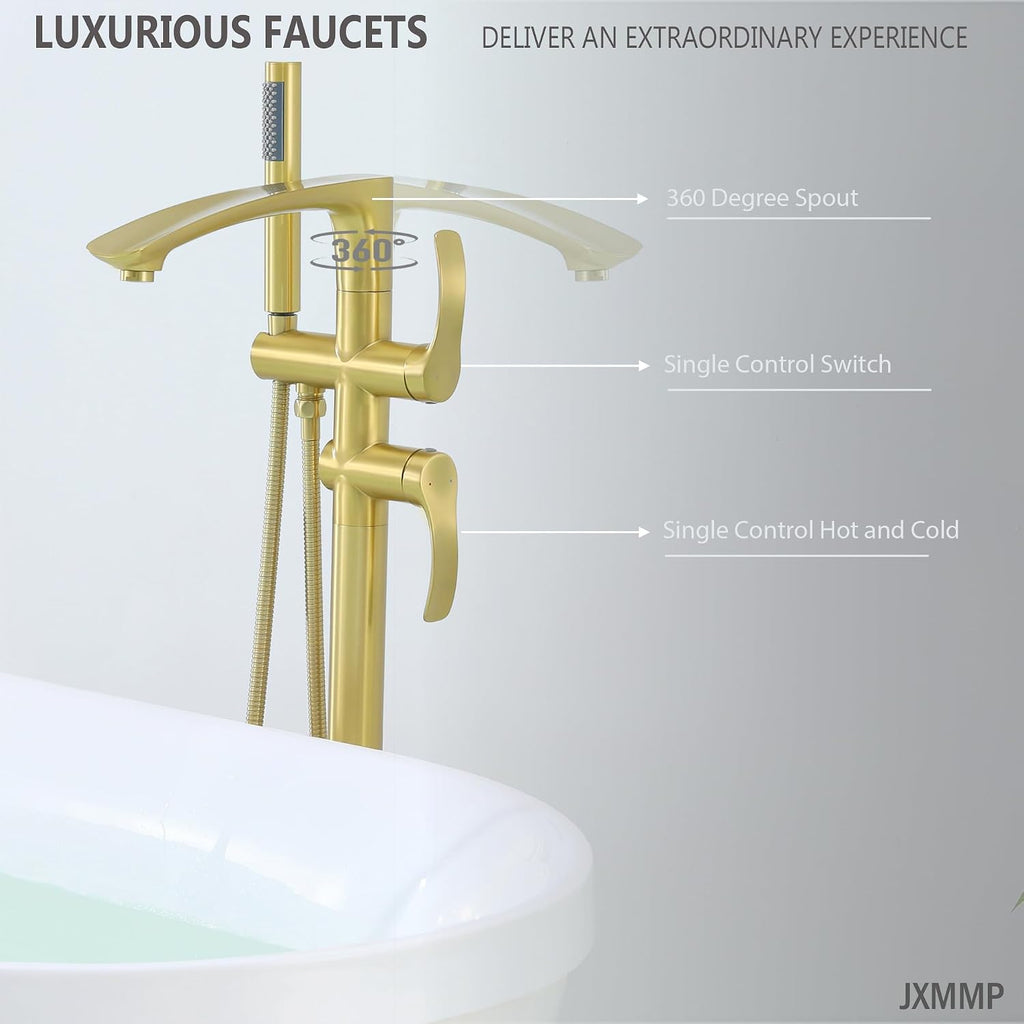 Free Standing Tub Faucet, Brushed Gold Floor Mount Bathtub Faucet with 360 Swivel Spout and Hand Shower, High Flow Stainless Steel Freestanding Tub Filler JXM-F001BG