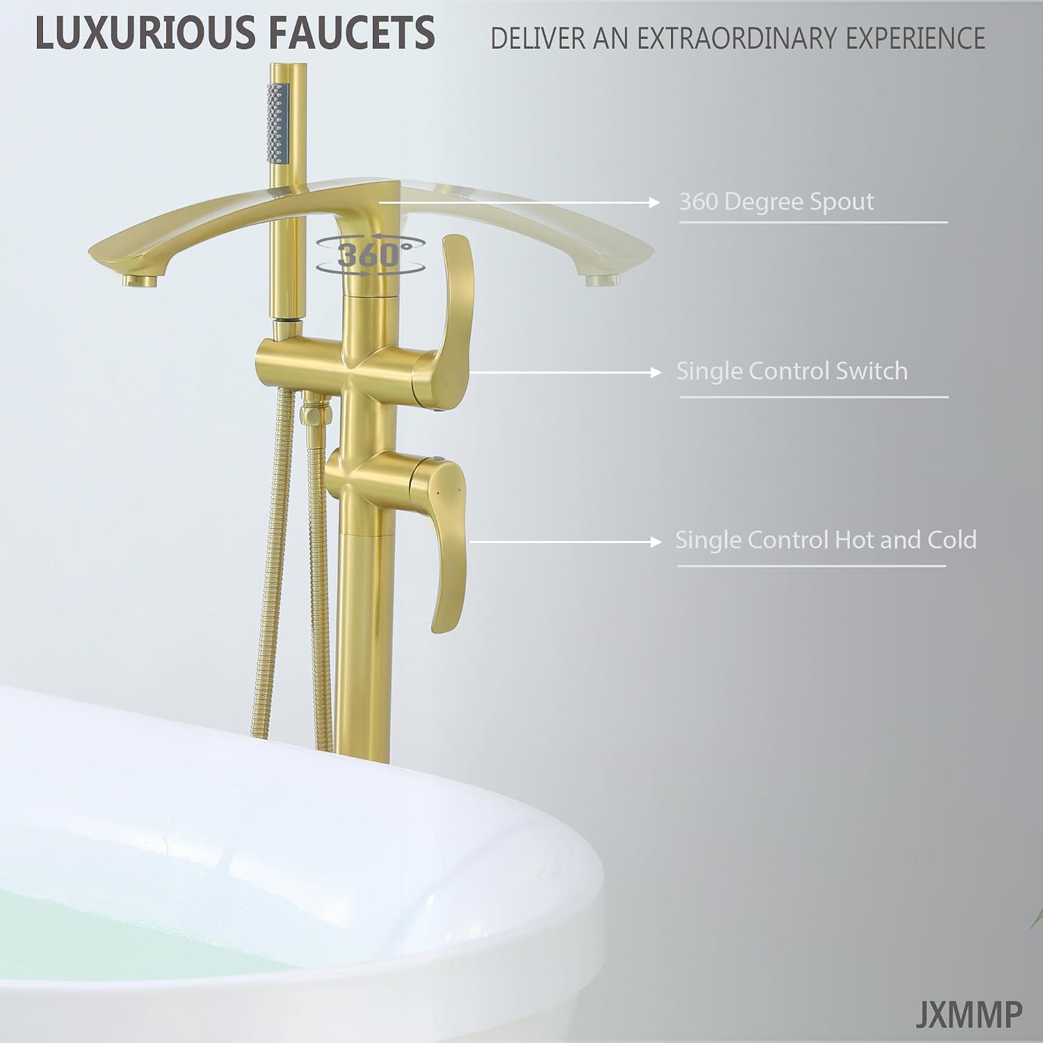 Free Standing Tub Faucet, Brushed Gold Floor Mount Bathtub Faucet with 360 Swivel Spout and Hand Shower, High Flow Stainless Steel Freestanding Tub Filler JXM-F001BG