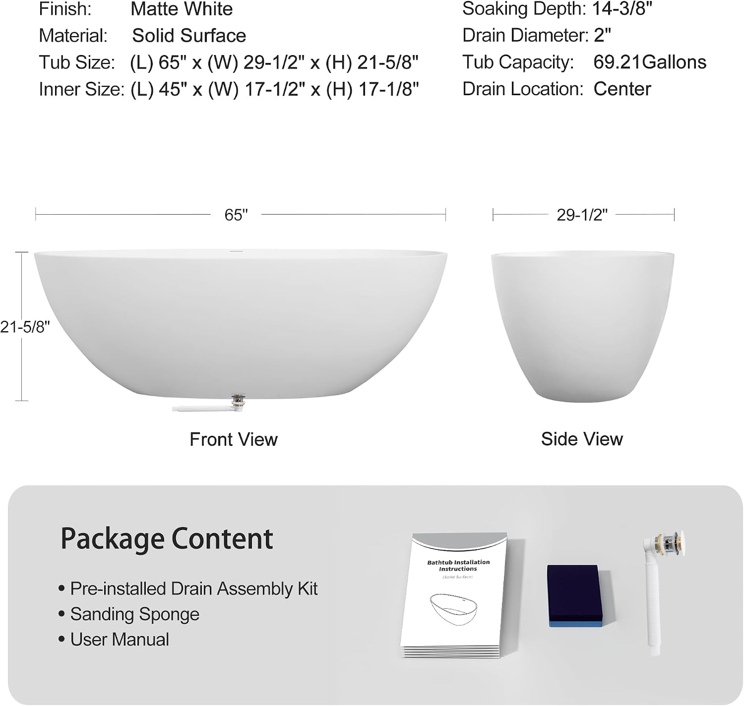 65' Freestanding Solid Surface Bathtub - Luxury Handcrafted Stone Resin Soaking Tub with Overflow, Pop-up Drain & Matte White Finish for Spa-Like Relaxation