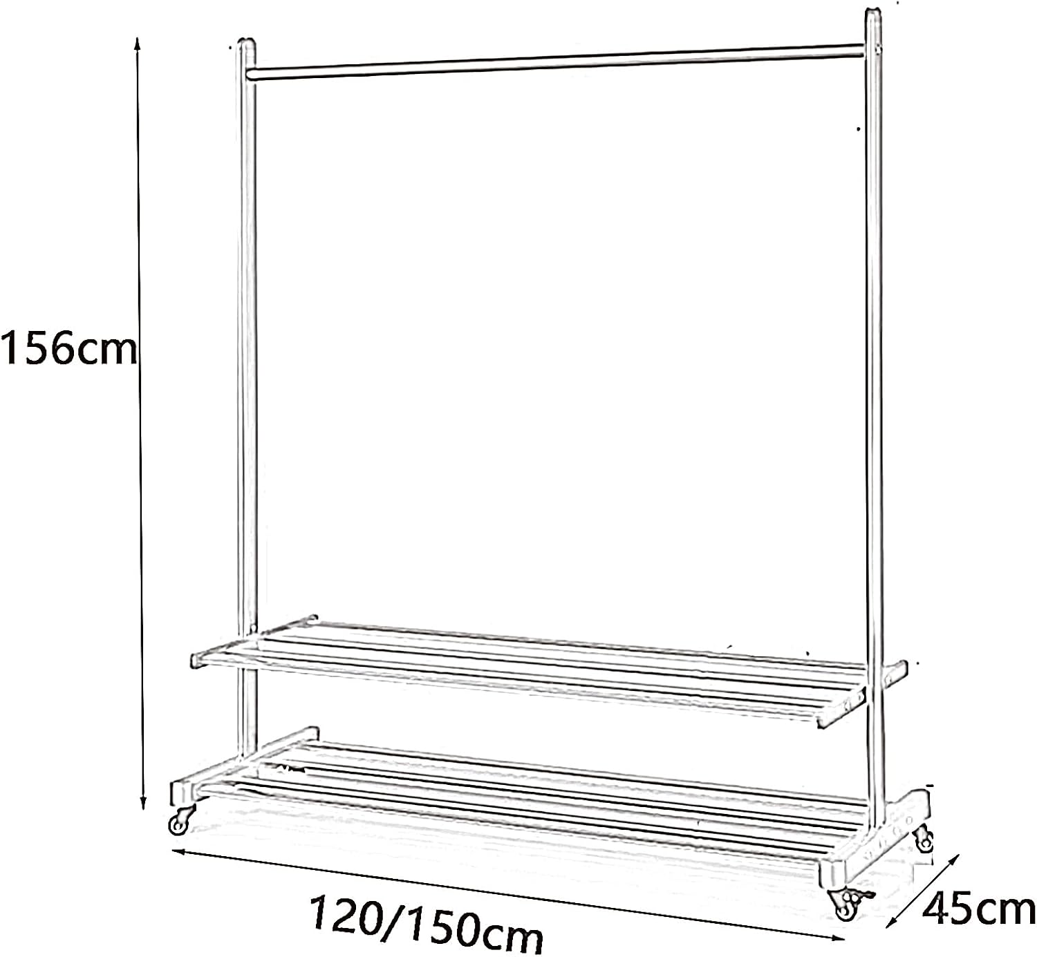Heavy duty Garment rack Heavy Duty Clothes Rail On Wheels, Rolling Clothing Rack For Hanging Clothes, Portable Clothes Organizer With 2 Shelves, Coat Rack For Bedroom, Drying Rack (Gold 150X45X156CM)