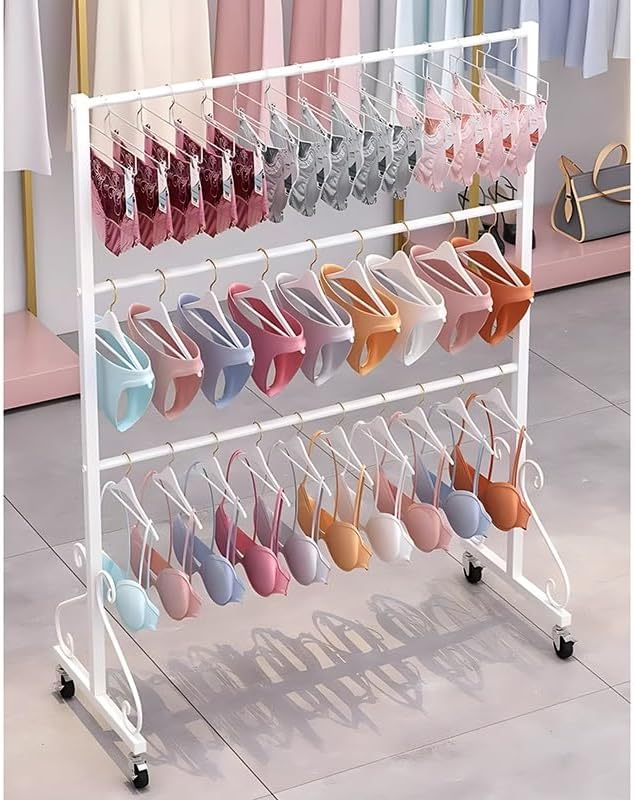Zfmnoyev Underwear Panty Rack Shorts Display Bra Stand, 3 Tiers Metal Swimsuit Clothes Organizer Shelves, Freestanding Garment Rack with Wheels, for Bedroom/Boutique(White,60x40x130cm)