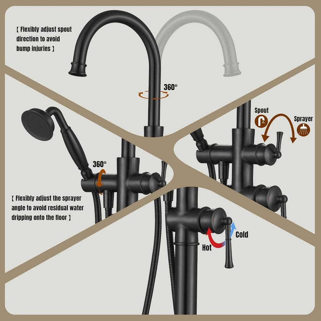 Free Standing Tub Faucet, Antique, Matte Black (B2311-BK) | H59-1 Premium Solid Brass, High Flow 6.6 GPM, Elegant & Vintage Styling