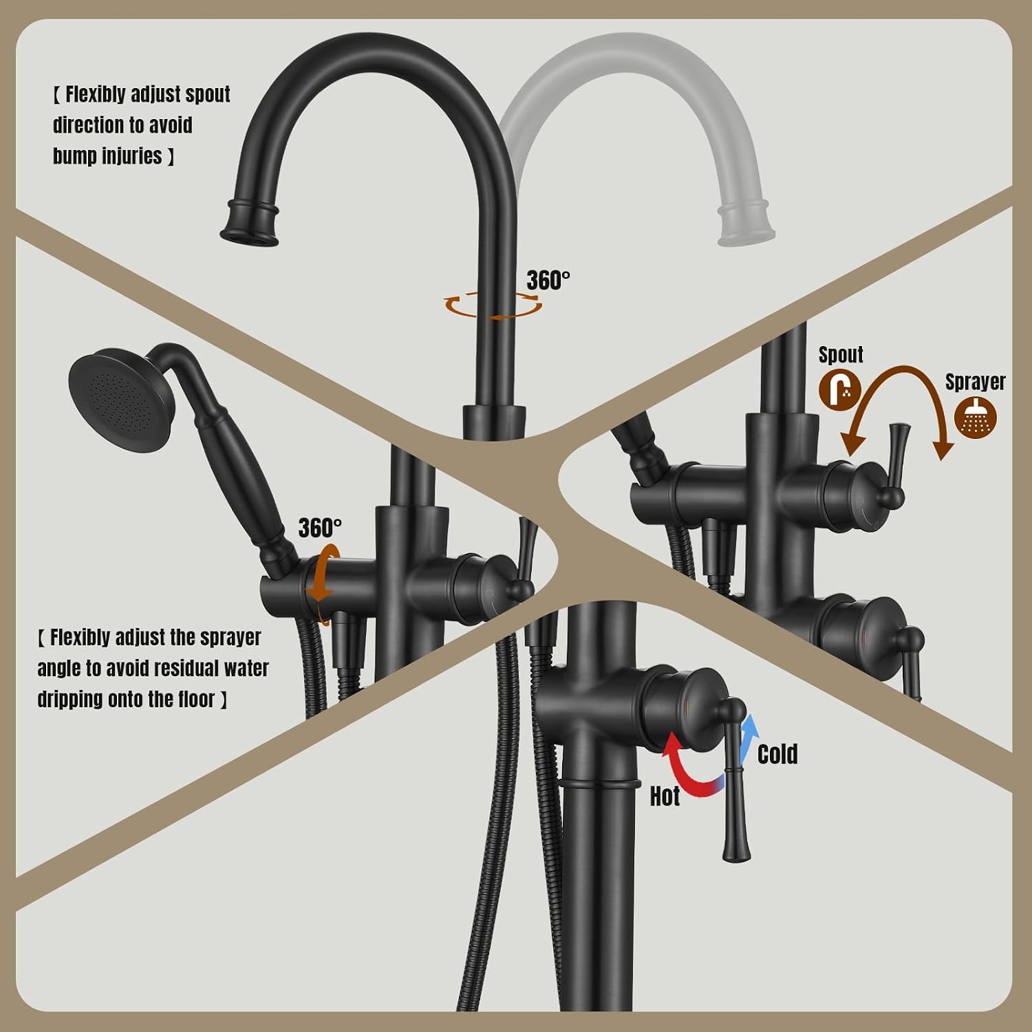 Free Standing Tub Faucet, Antique, Matte Black (B2311-BK) | H59-1 Premium Solid Brass, High Flow 6.6 GPM, Elegant & Vintage Styling