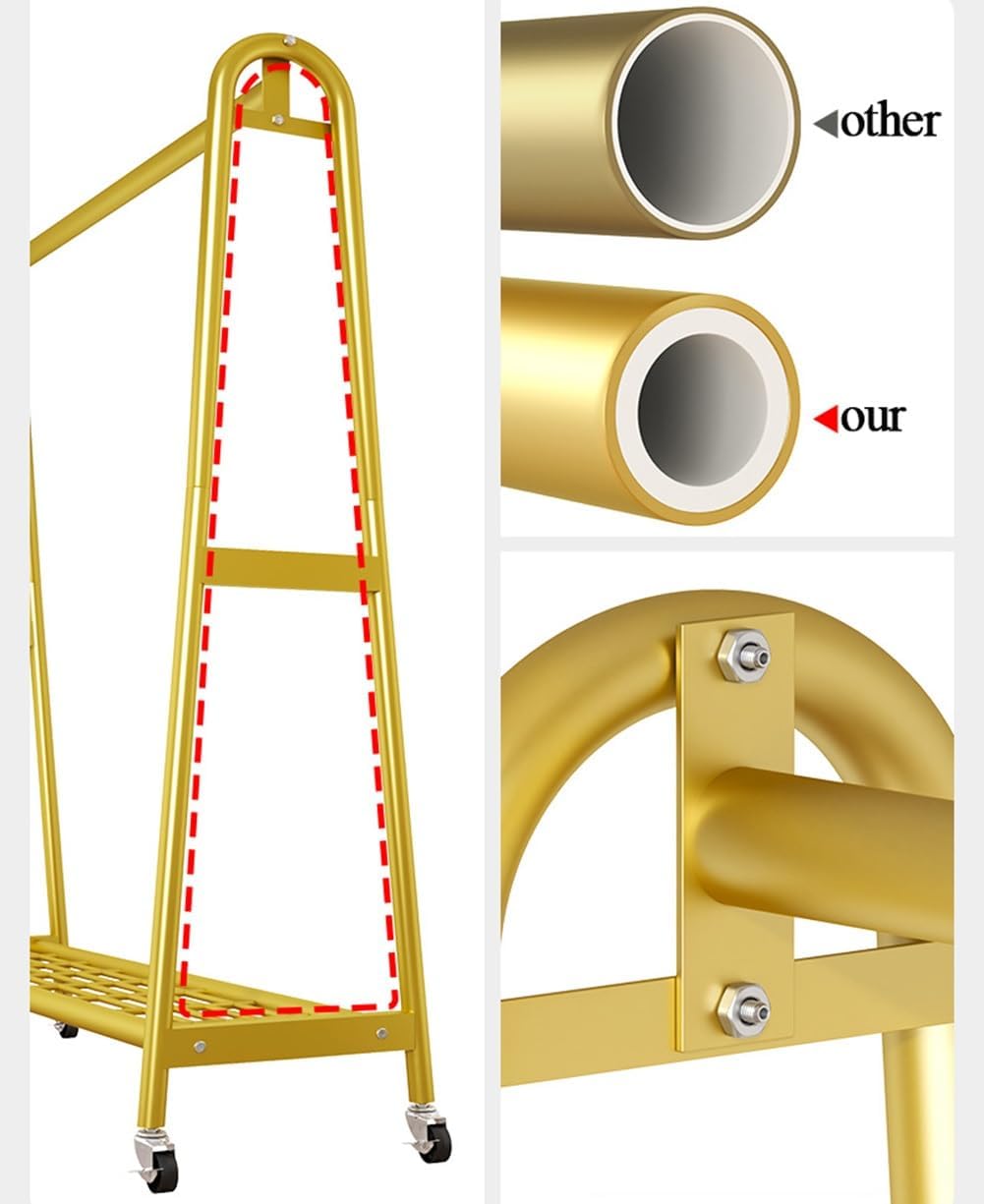 Clothing Rack,Premium Heavy Duty Rolling Clothes Rack With Wheels, Metal Garment Organizer With Storage Shelf, Portable Clothing Stand For Hanging Clothes - Gold, 100X40.5X156,Gold 100X40.5X156Cm