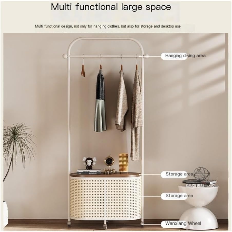 Coat Stand Vintage Style Freestanding Garment Rack with Removable Wicker Laundry Basket - Bedroom Clothes Hat Stand for Retro Storage and Hanging(White)