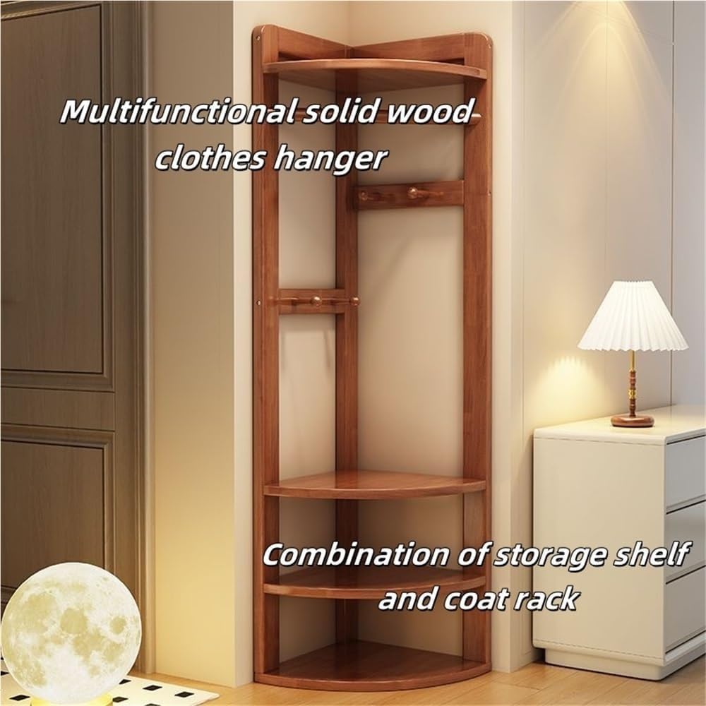 Wood Corner Coat Rack with Storage Shelf Clothing Rack Garment Racks with Rack for Entryway Living Room Solid Construction(Brown)