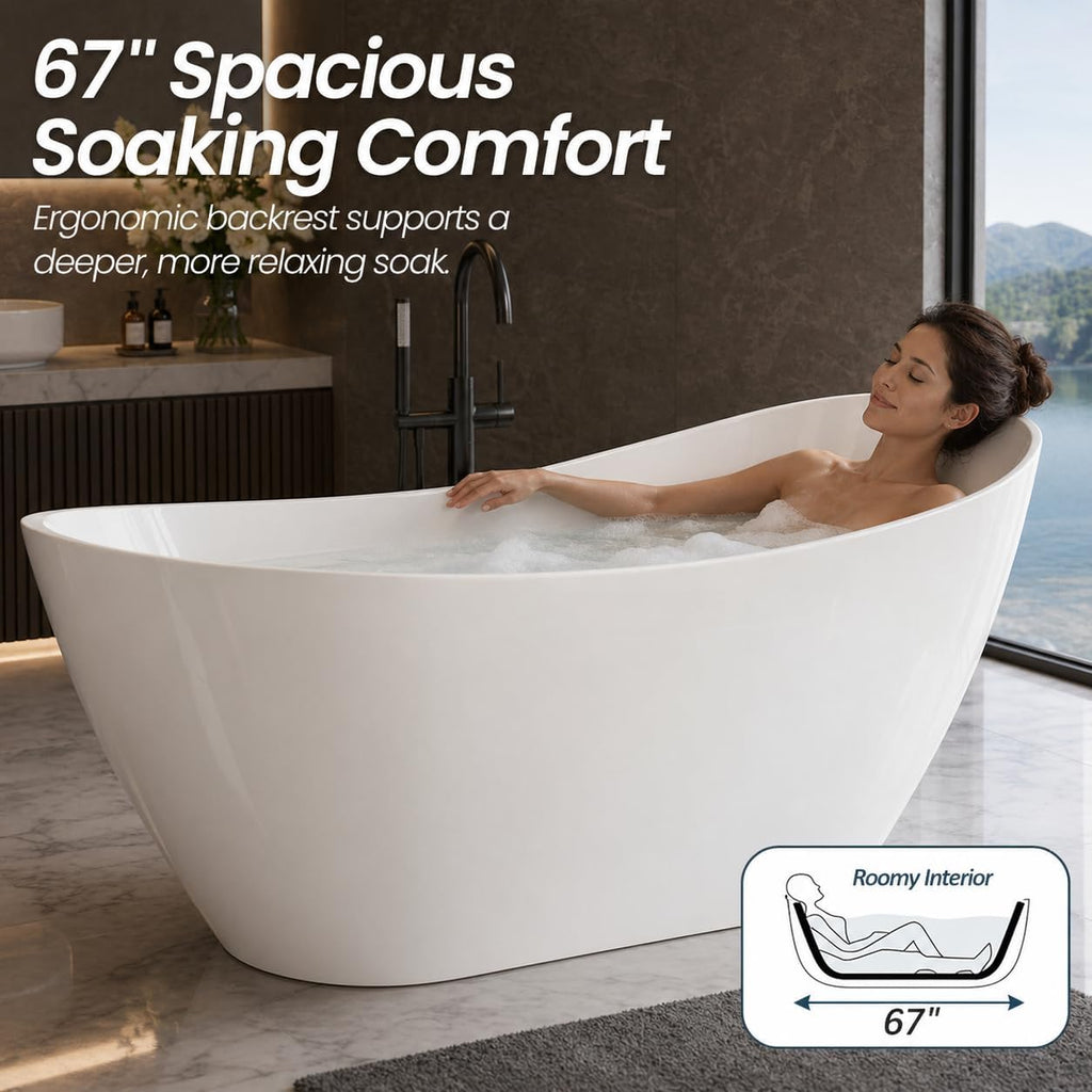 59 Inch Acrylic Freestanding Bathtub, Soaking Bathtub with Matte Drain and Overflow, Modern Square Tub with Deep Ergonomic Design, Double-Walled Insulation for Bathroom Relaxation, cUPC Certified