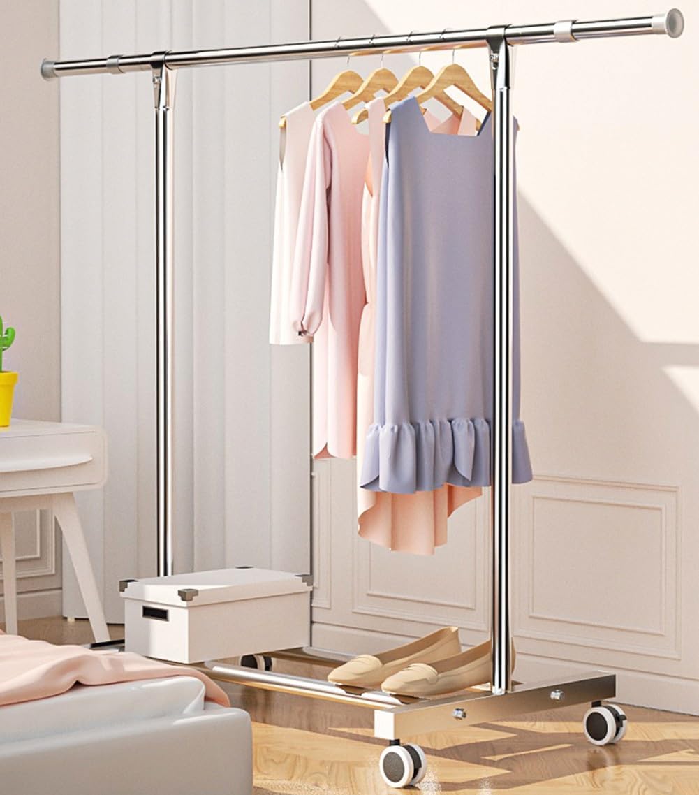 Stainless Steel Clothes Garment Rack with Wheels, Rolling Clothes Organizer, Heavy Duty Clothes Rail with Storage Shelf and 4 Wheels, Load 60kg