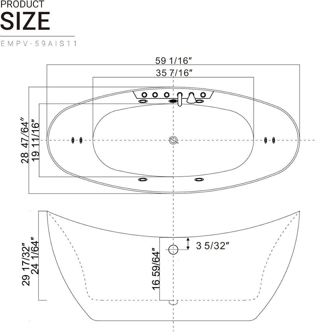 Empava 59 in. Acrylic Freestanding Tub Hydromassage Gracefully Oval Shaped Whirlpool 8 Water Jets Soaking SPA, Double-Ended Massage Bathtub with 2 Black Pillows
