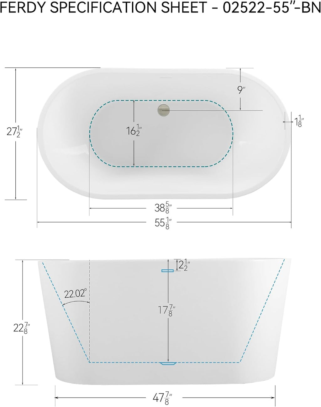 FerdY Luzon 55' Acrylic Freestanding Bathtub with Headrest, Ergonomic Lightweight Classic Oval Soaking Bathtub with Brushed Nickel Drain, Minimalist Linear Design Overflow& Bathtub Pillow